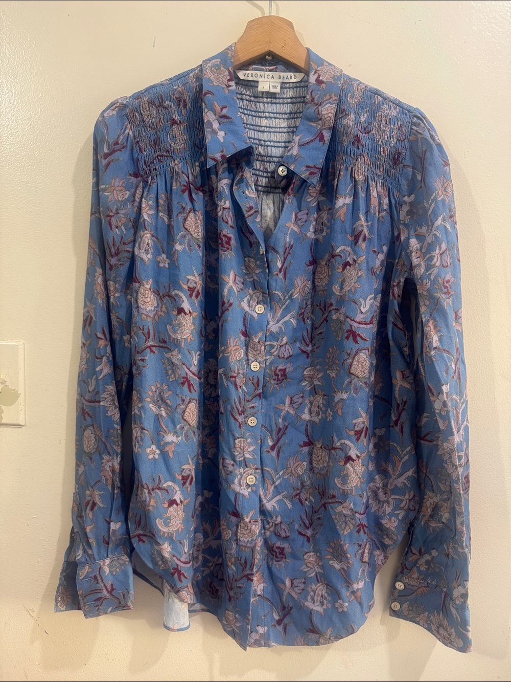 Veronica Beard Sky Blue Floral Button-Down Shirt with Pink & Burgundy Motif